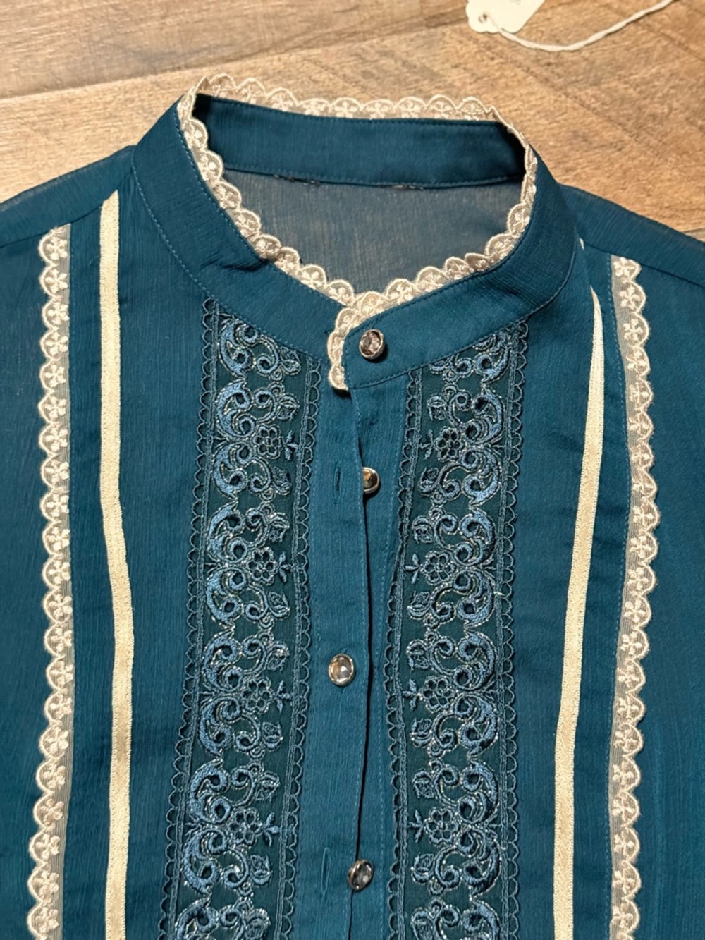Teal Lace-Trim Sheer Short Sleeve Blouse - Picture 4 of 12